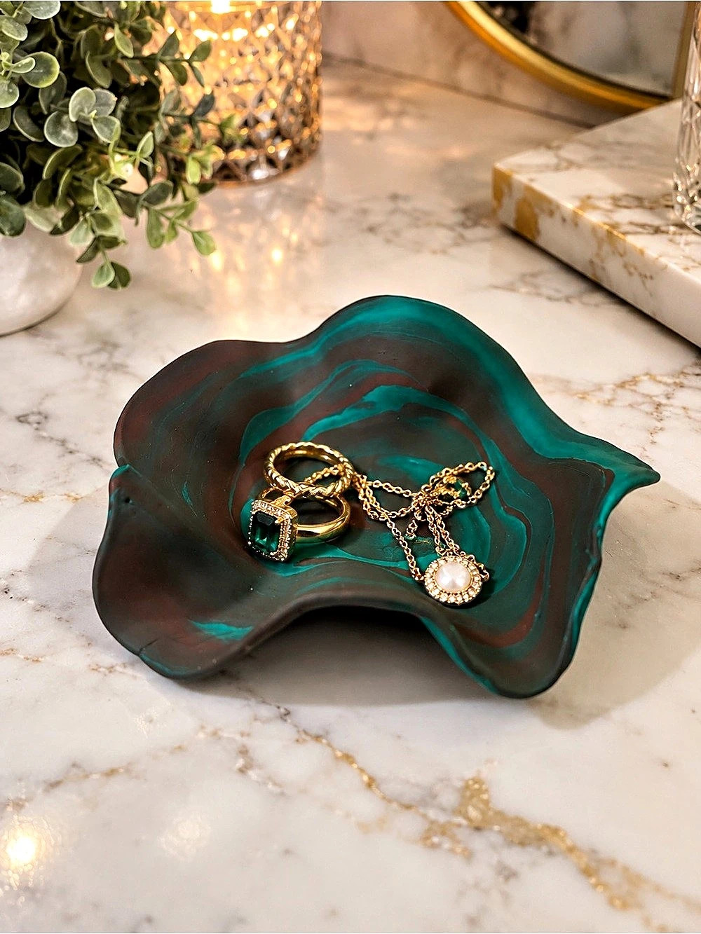 Handmade Polymer Clay Trinket Dish – Marbled Teal & Brown Jewelry Catchall